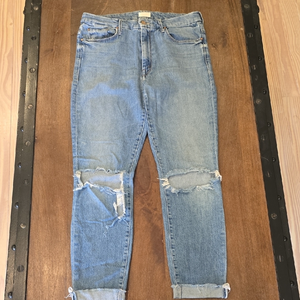 MOTHER Light Blue Denim Jeans, HIGH WAISTED, LOOKER ANKLE FRAY, 30, SPICE it UP - Picture 3 of 5
